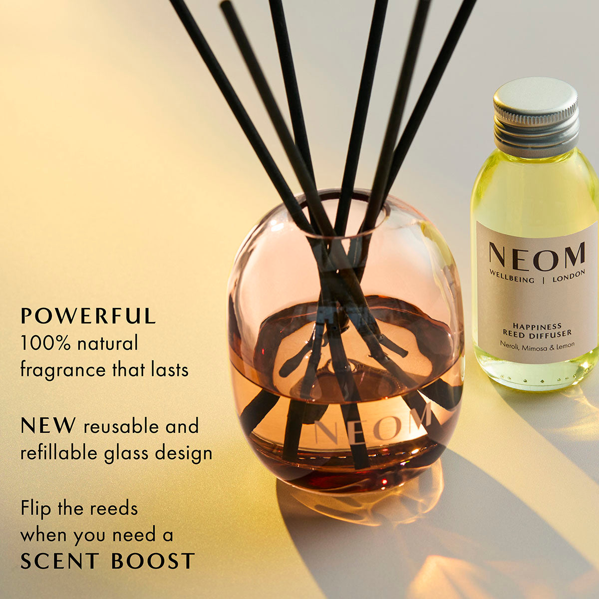 NEOM Happiness reed diffuser with neroli, mimosa and lemon, natural essential oil home fragrance