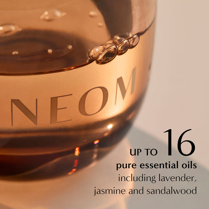 NEOM diffuser oil close-up with up to 16 essential oils including lavender, jasmine and sandalwood