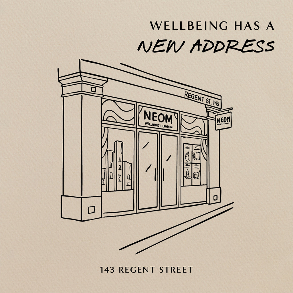 Illustration of a building with 'NEOM' branding on a beige background, featuring text about a new address.