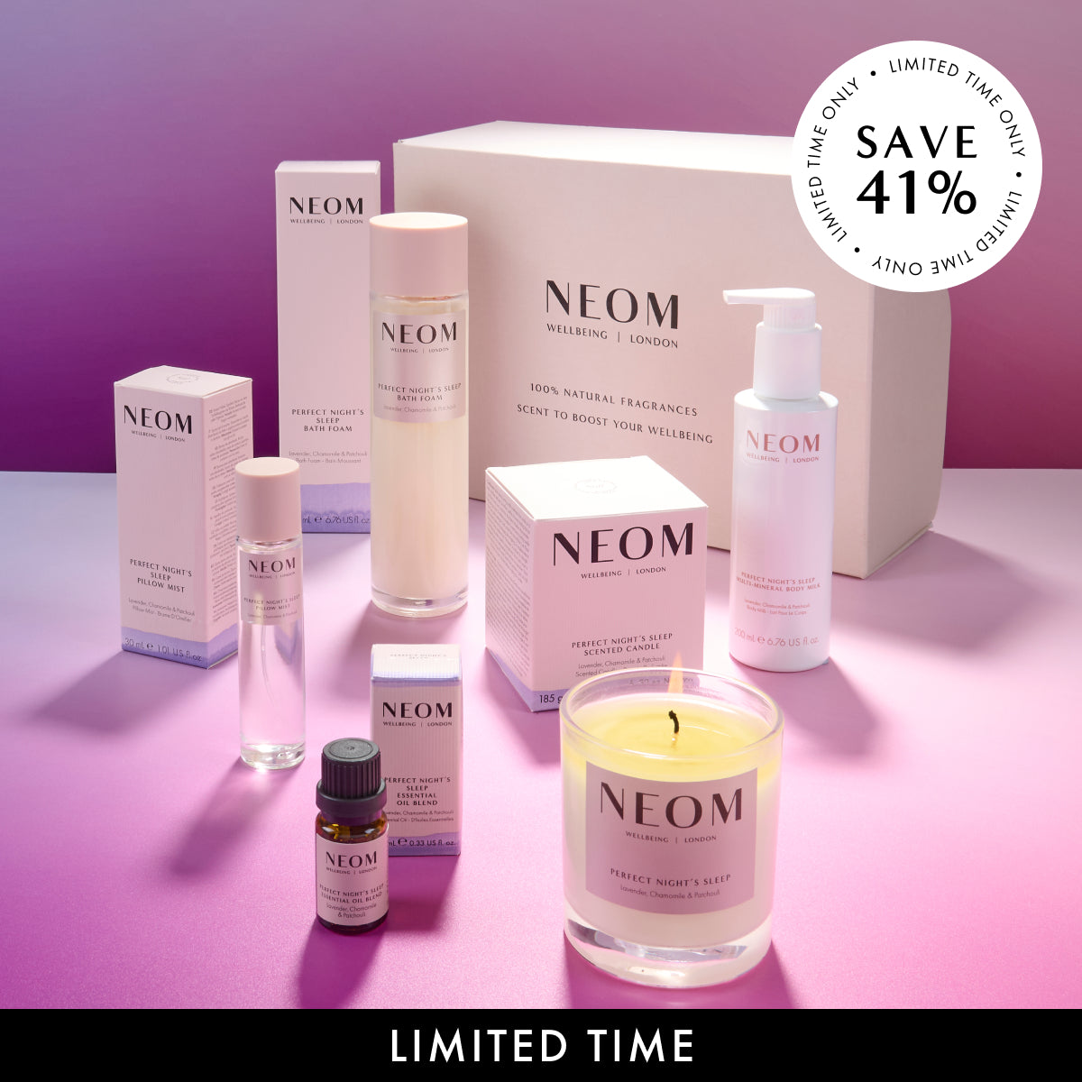 NEOM bath and body and wellness products on a pink background. Save 41%.