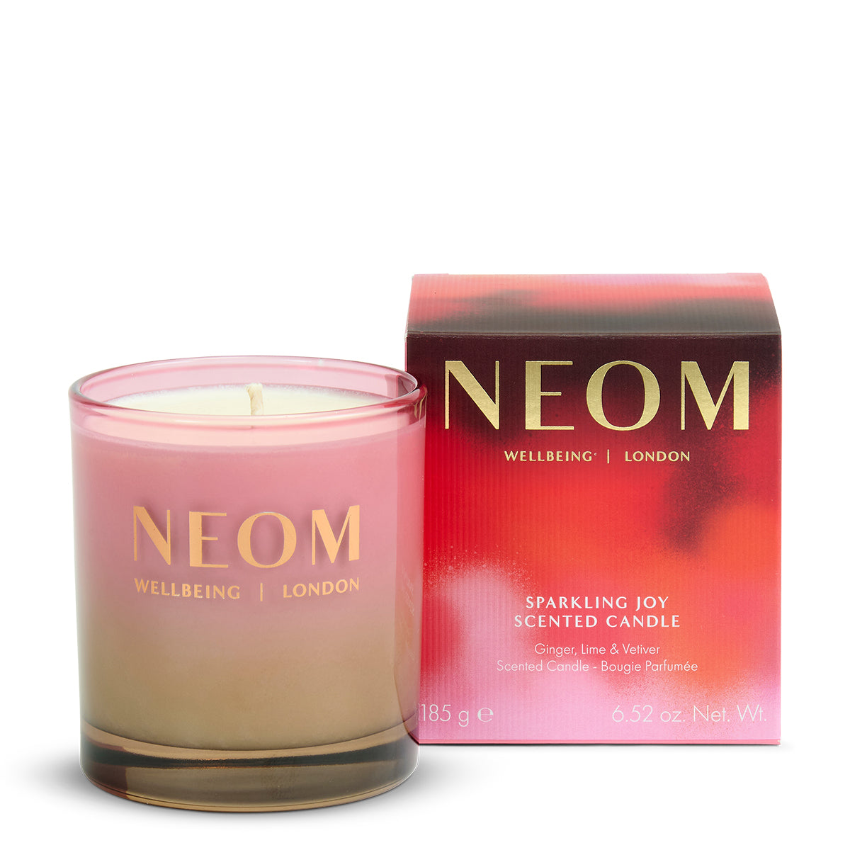 NEOM Sparkling Joy 1 Wick Scented Candle and packaging on a white background