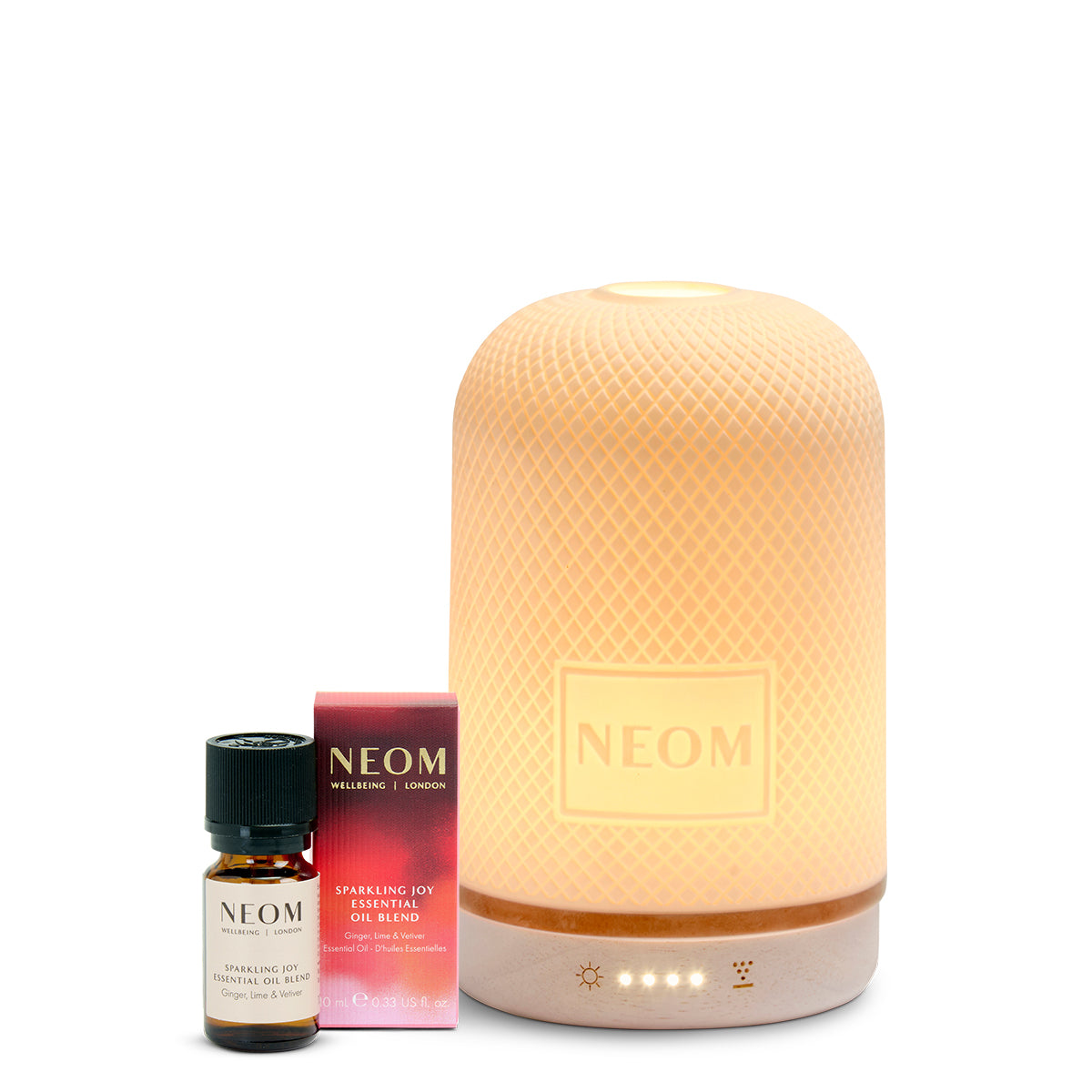 NEOM diffuser and essential oil blend on a white background