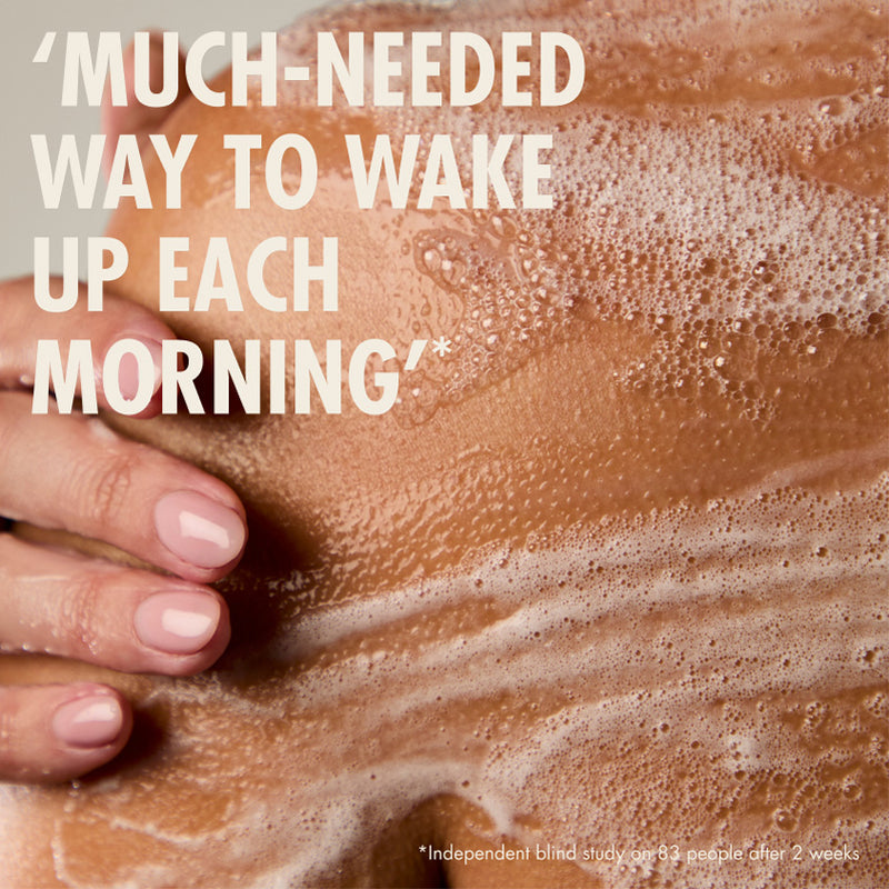 “Close-up of a person’s shoulder covered in foam with a hand touching the skin. Large text reads: ‘Much-needed way to wake up each morning.’ Small print: ‘*Independent blind study on 83 people after 2 weeks.’”