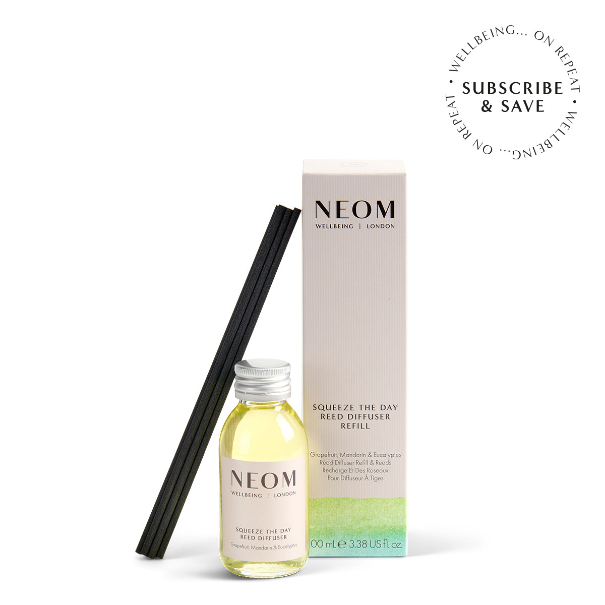 NEOM diffuser bottle and packaging on a white background