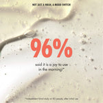 “Gel-like liquid texture with bubbles. Text reads: ‘Not just a wash, a mood switch!’ Large text reads: ‘96% said it is a joy to use in the morning!*’ Small print: ‘*Independent blind study on 83 people, after initial use.’”