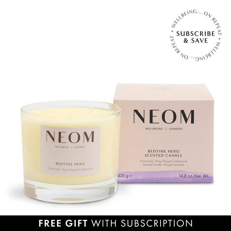 NEOM Bedtime Hero scented candle with packaging on a white background