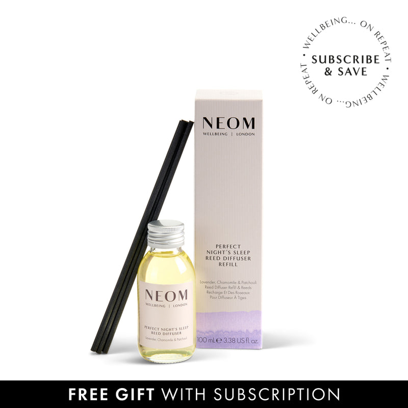 NEOM reed diffuser refill bottle and packaging on a white background