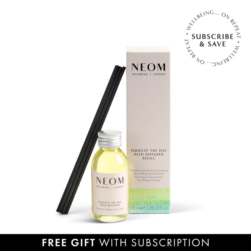 NEOM reed diffuser refill bottle with packaging on a white background