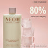 “NEOM Super Shower Power Body Wash (500 ml) beside stacked ice cubes on a pink background. Text reads: ‘Power to your shower. 80% said the scent is energising*’. Small print: ‘*Independent blind study on 65 people, after initial use.’”