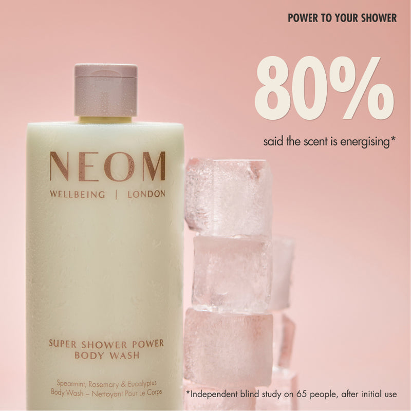 “NEOM Super Shower Power Body Wash (500 ml) beside stacked ice cubes on a pink background. Text reads: ‘Power to your shower. 80% said the scent is energising*’. Small print: ‘*Independent blind study on 65 people, after initial use.’”