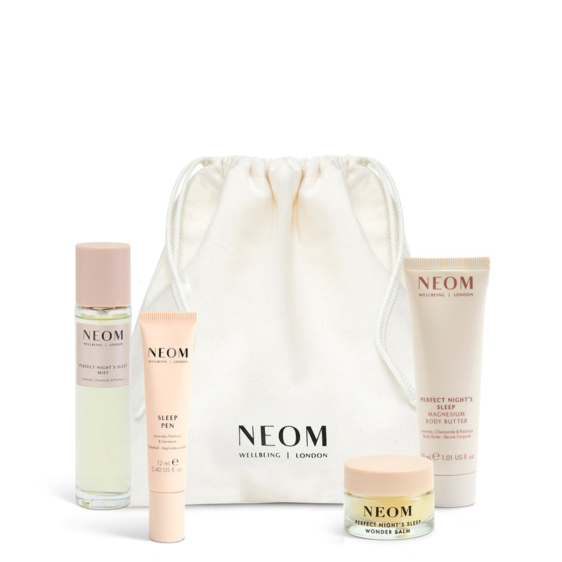 NEOM sleep mist, sleep pen, wonder balm and magnesium body butter on a white background