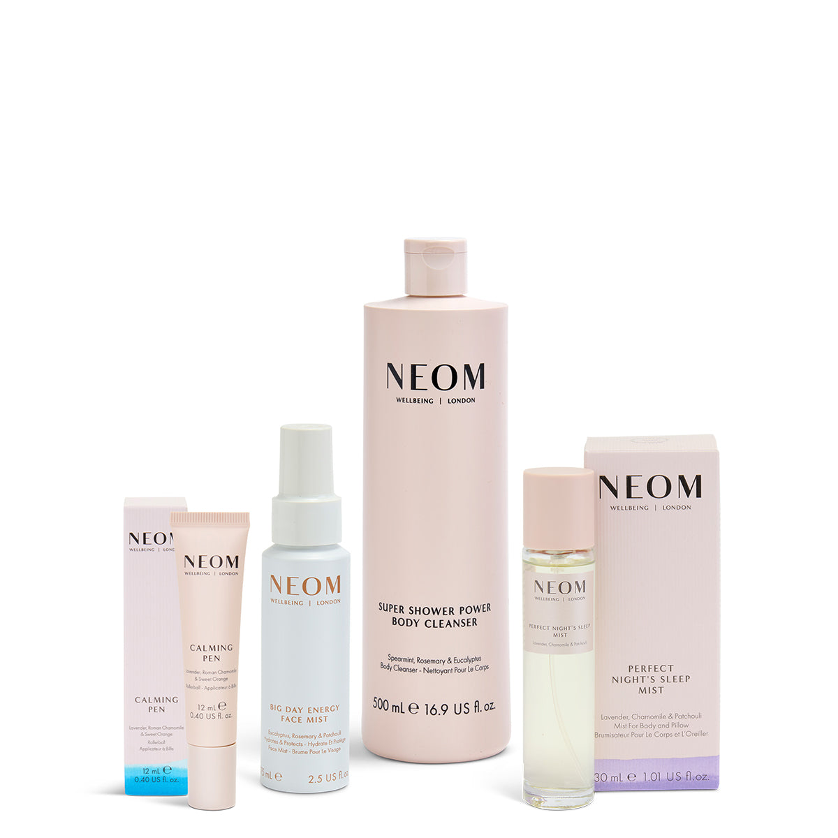 Collection of NEOM skincare products on a white background