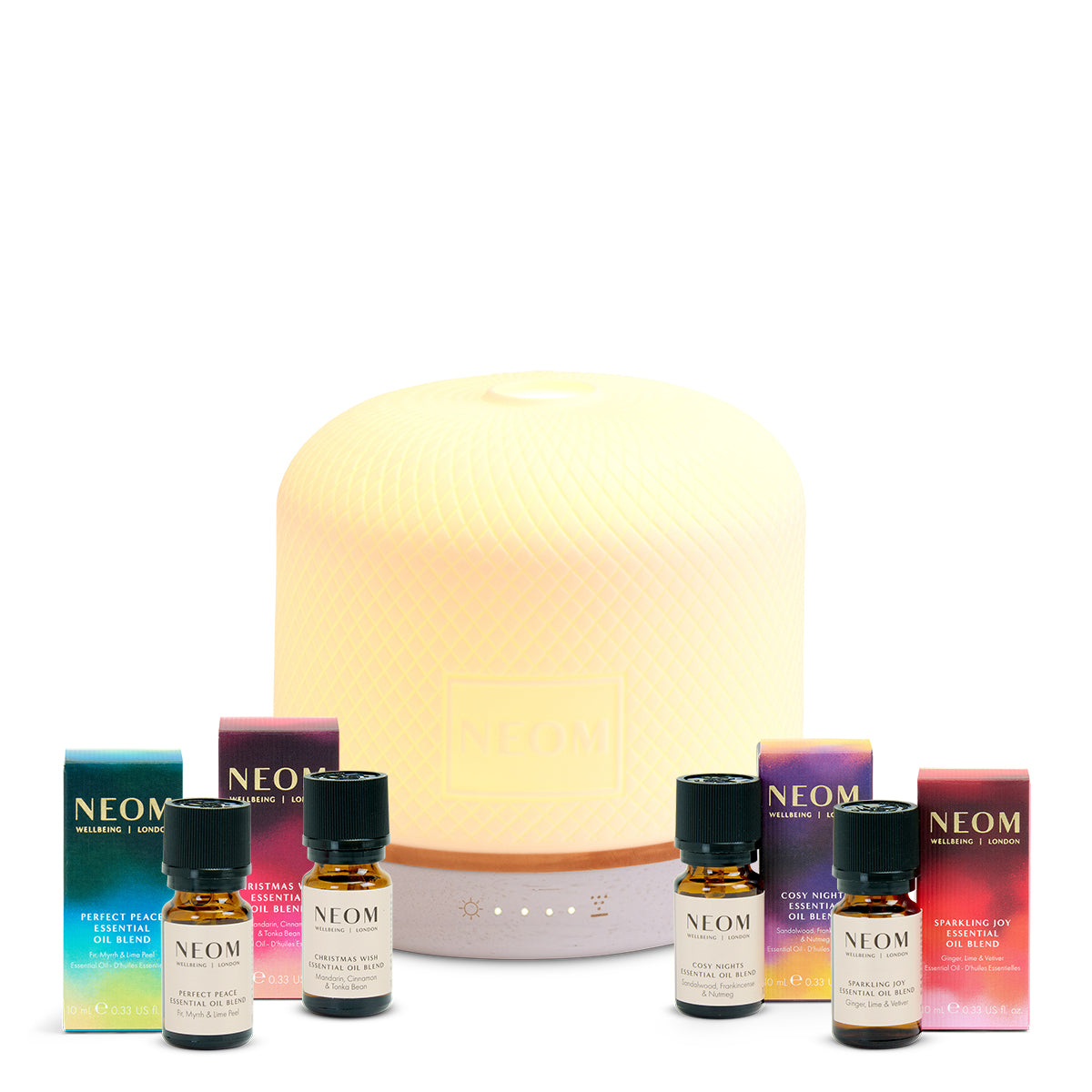 NEOMdiffuser and essential oils on a white background