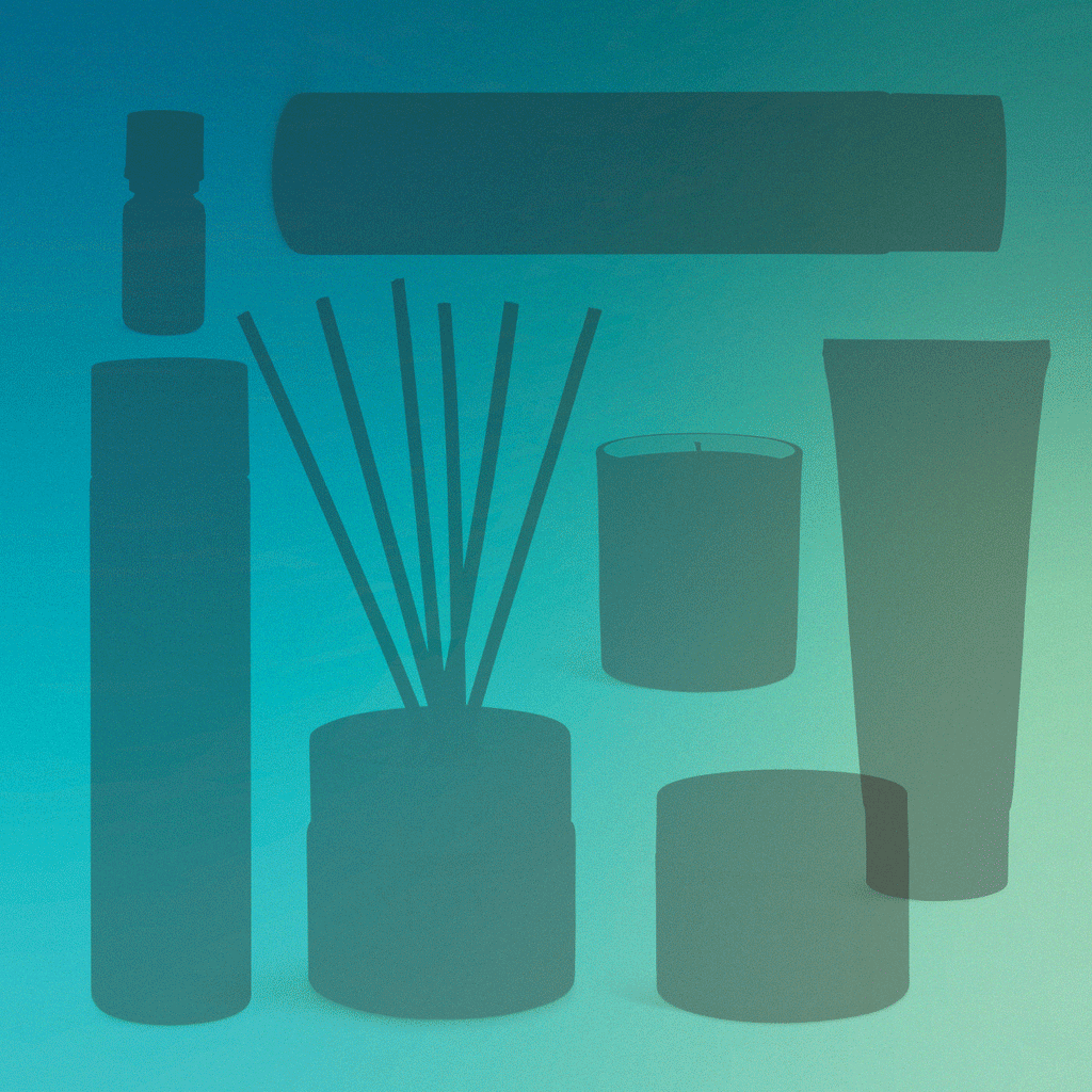 Silhouettes of various NEOM products on a blue and pink gradient GIF