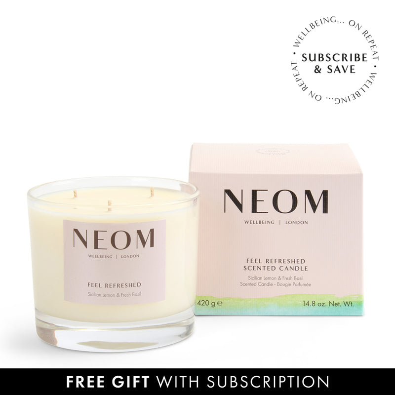 NEOM scented candle and packaging on a white background