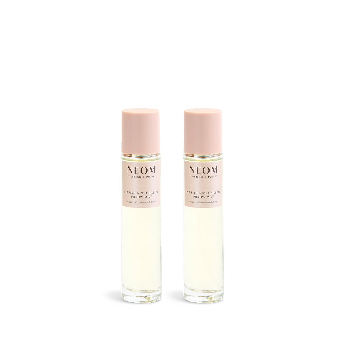 Two NEOM pillow mist bottles on a white background