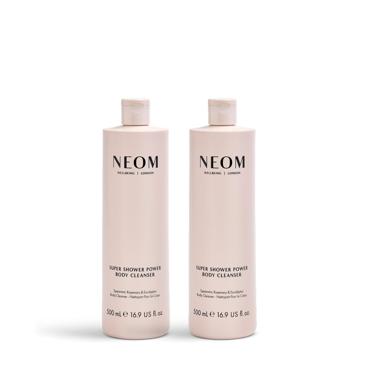 Two NEOM Super Shower Power Body Cleaners on a white background
