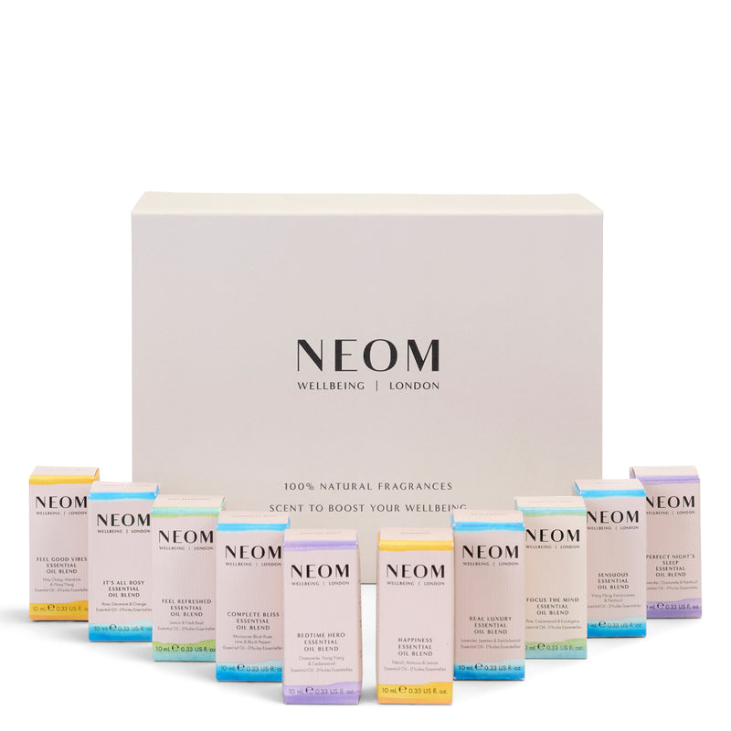 NEOM essential oil blends and gift box on a white background