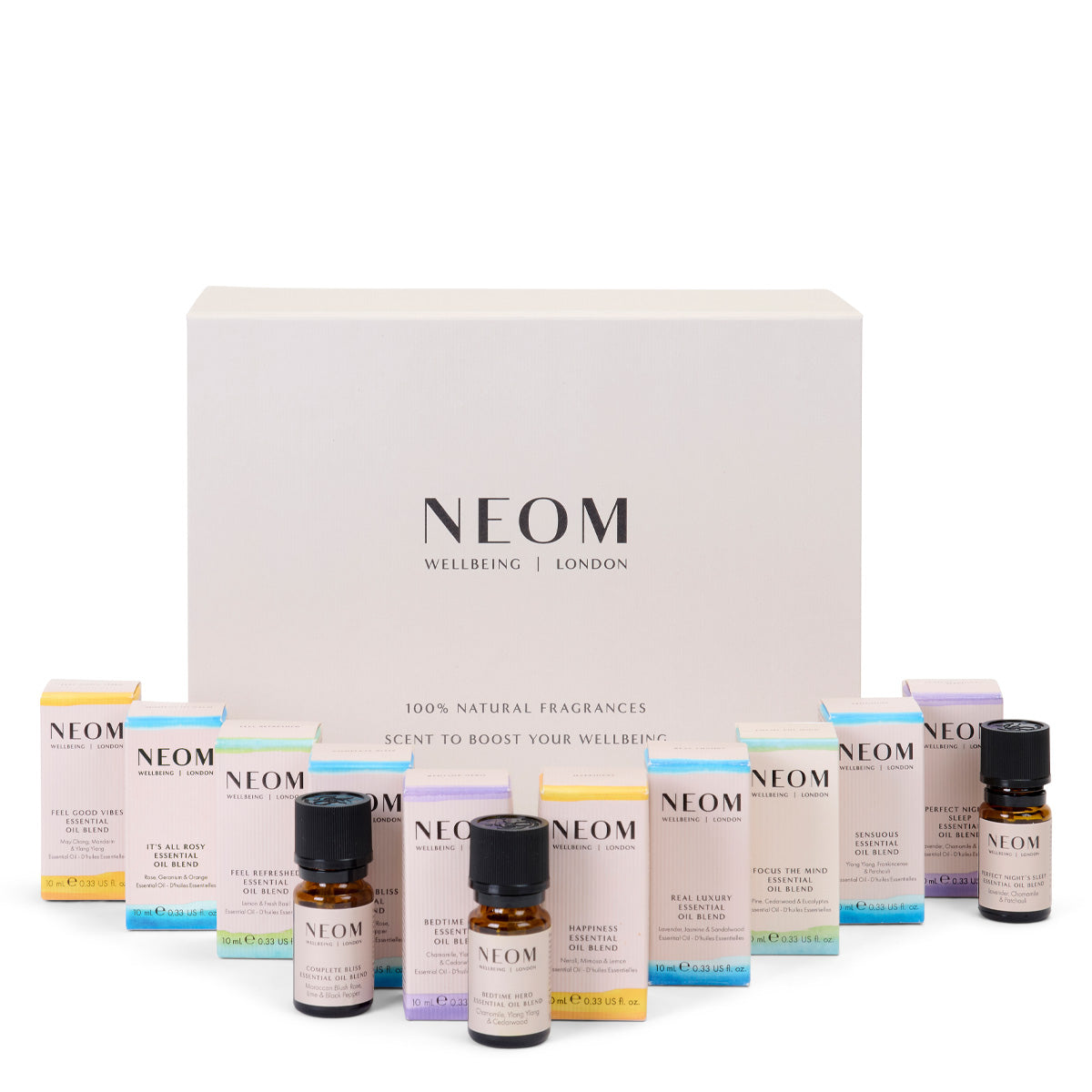 NEOM essential oil blends and gift box on a white background