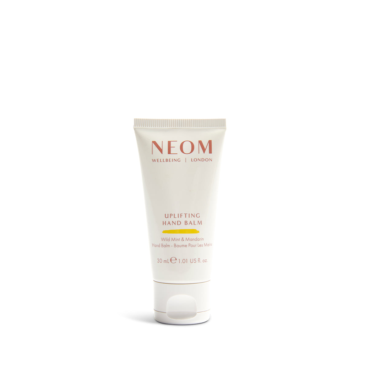 NEOM Uplifting Hand Balm in a white tube with red and grey text, 30ml size.