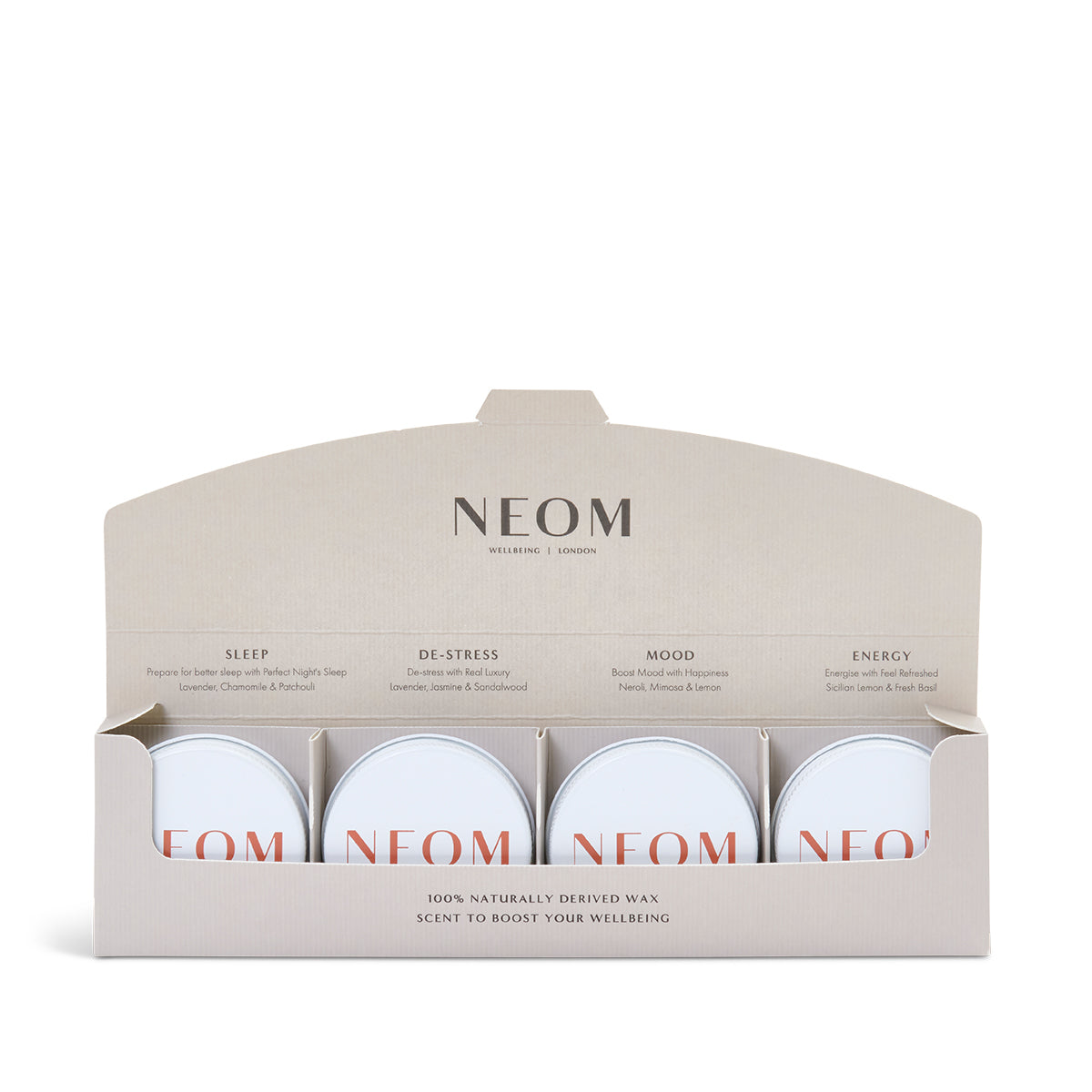 A set of four mini candles from NEOM, with labels indicating different scents such as 'Perfect Night’s Sleep', 'Real Luxury', 'Happiness', and 'Feel Refreshed'. The candles are presented in a sleek, minimalistic box with the NEOM branding.