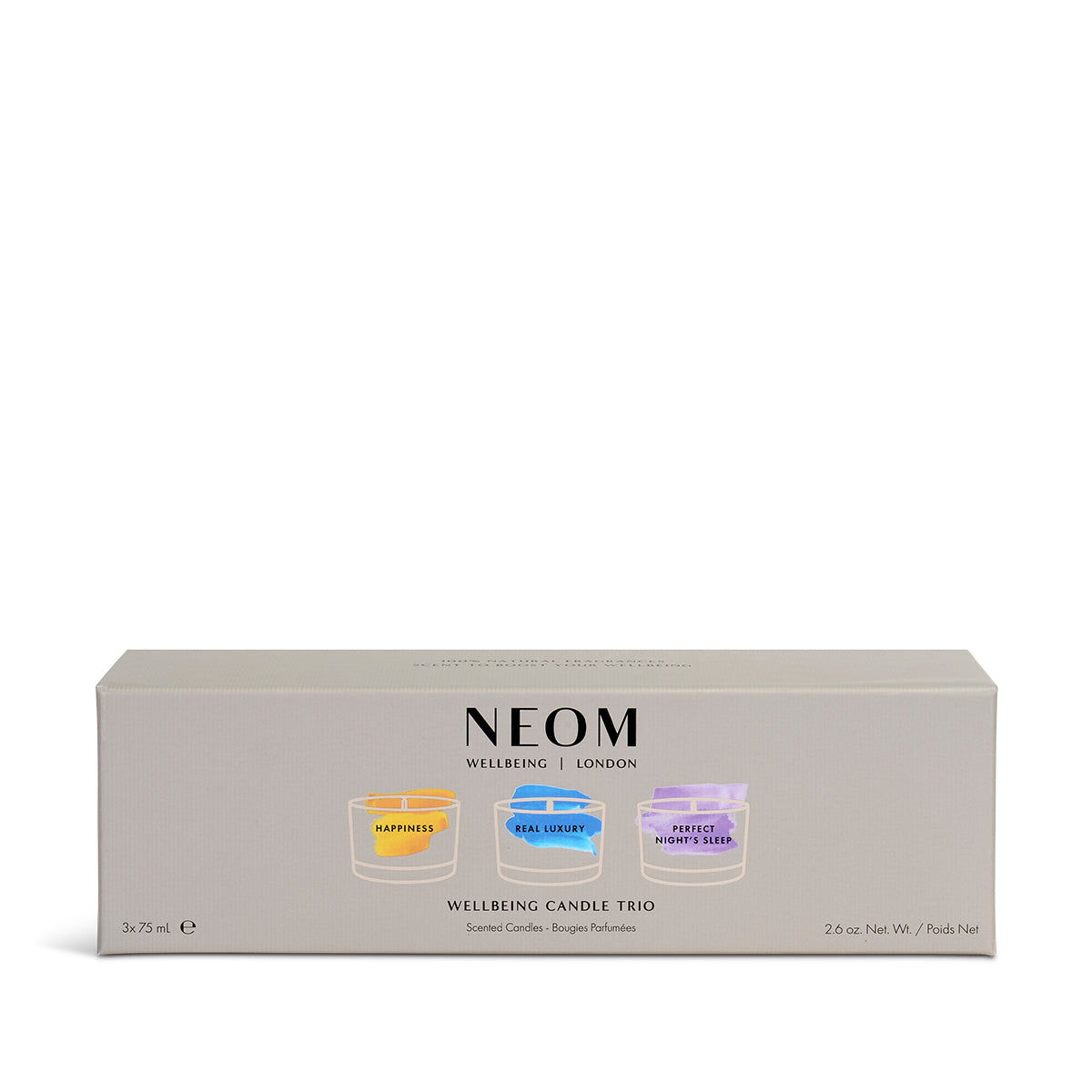 NEOM candle trio packaging on a white background