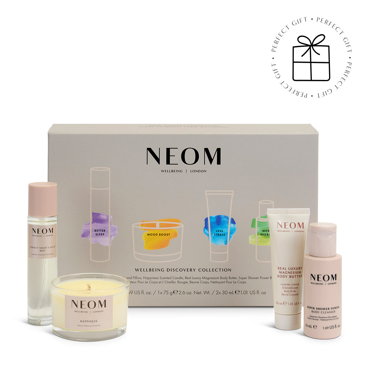 NEOM wellbeing discovery collection with various products on a white background