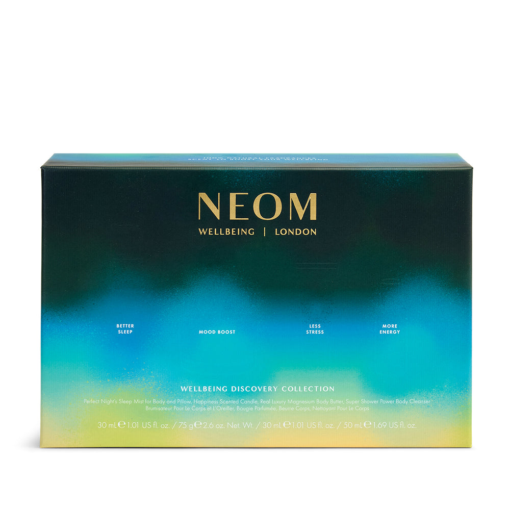 NEOM Christmas wellbeing discovery collection box with gradient design on a white background