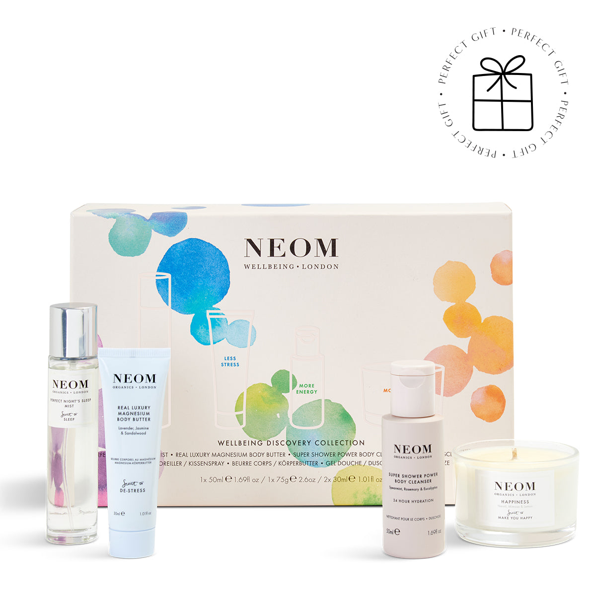 NEOM wellness gift set with various products on a white background with a Perfect Gift roundel with a present