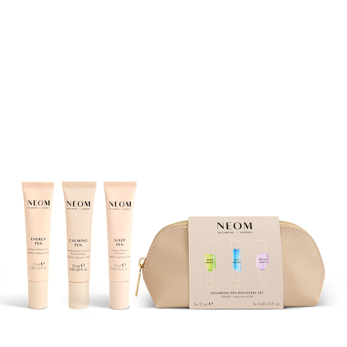 NEOM skincare products including pens and a gold pouch on a white background