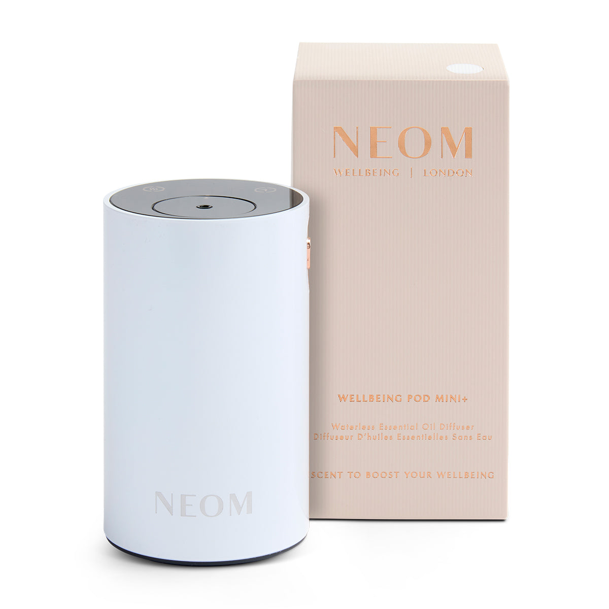 NEOMWellbeing Pod Mini+ with packaging on a white background