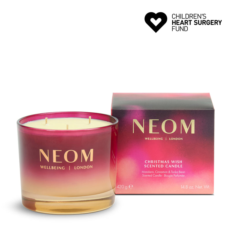 NEOM Christmas Wish 3 Wick Scented Candle with a Children's Heart Surgery Fund logo