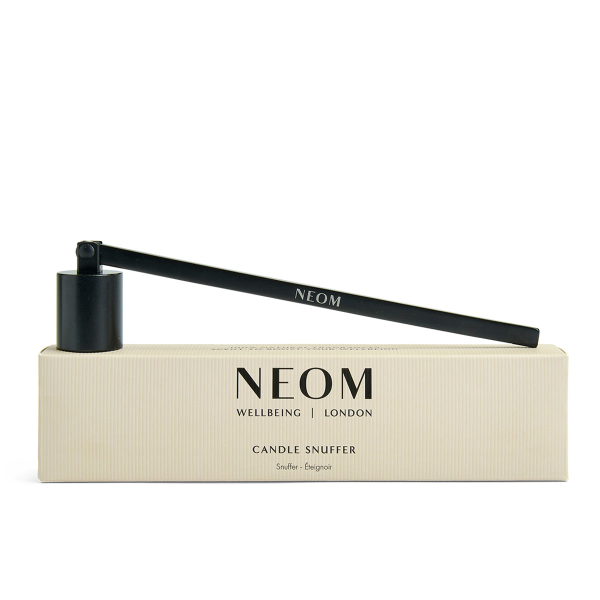 NEOM Candle Snuffer and packaging on a white background