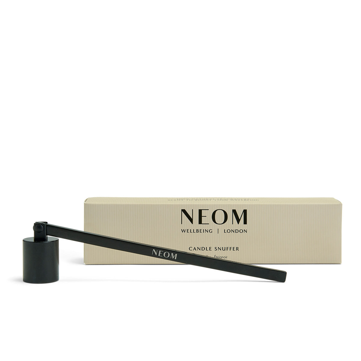NEOM Candle Snuffer and packaging on a white background
