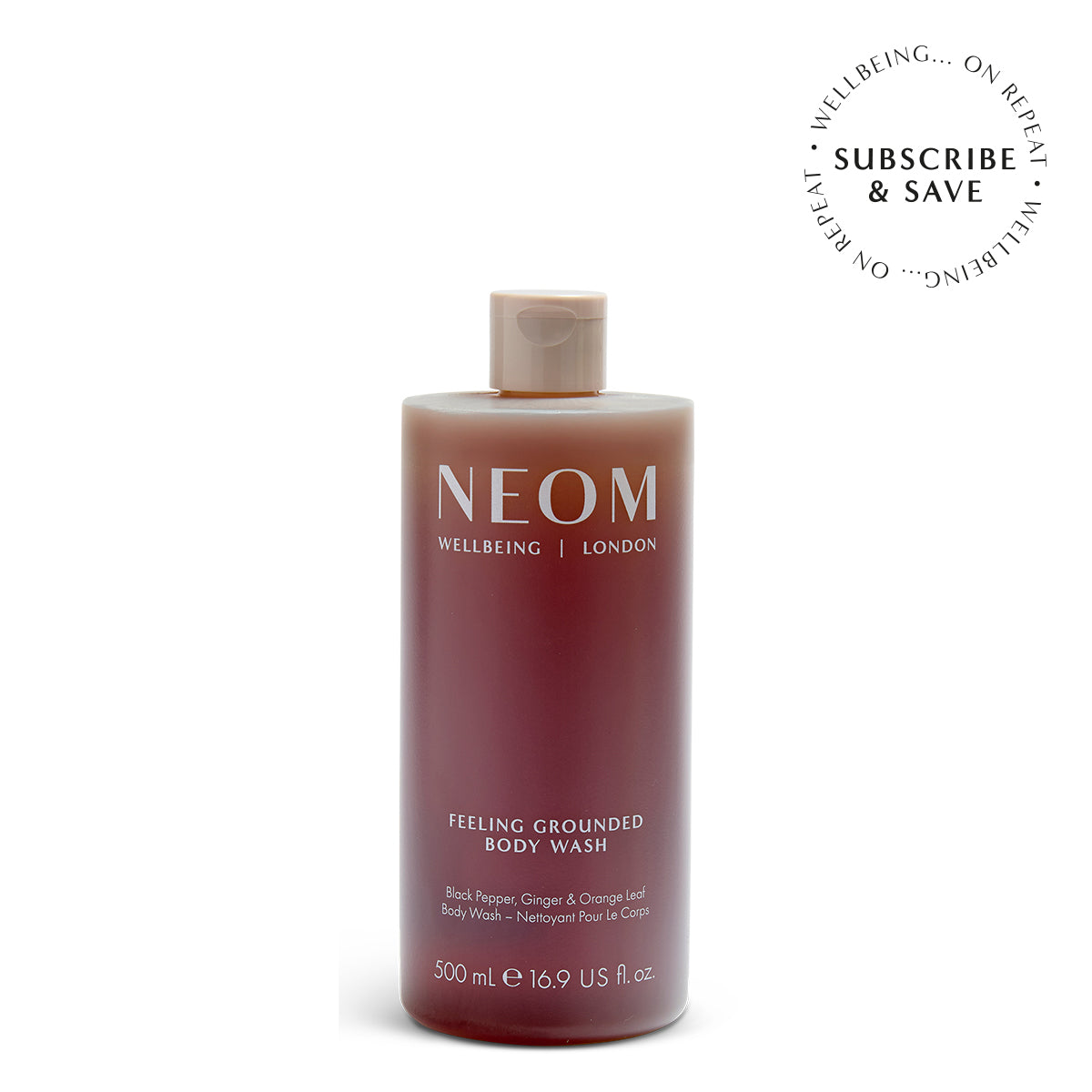 NEOM feeling grounded body wash with 'Subscribe & Save' roundel on a white  background