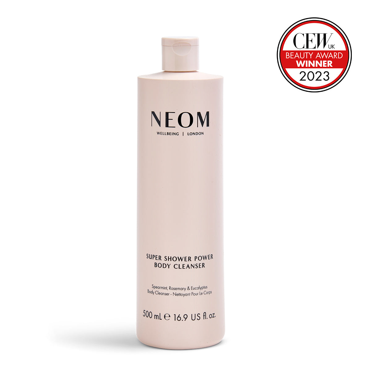 NEOM Super Shower Power Body Cleanser bottle with CEW Beauty Award Winner 2023 badge on a white background