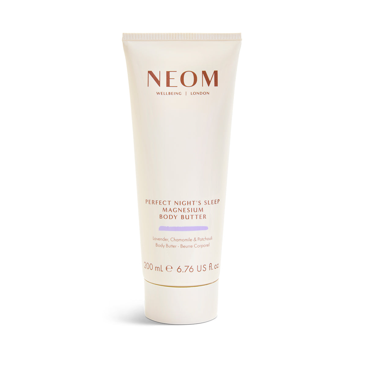 Tube of NEOM Perfect Night's Sleep Magnesium Body Butter with NEOM branding and product information on the label.