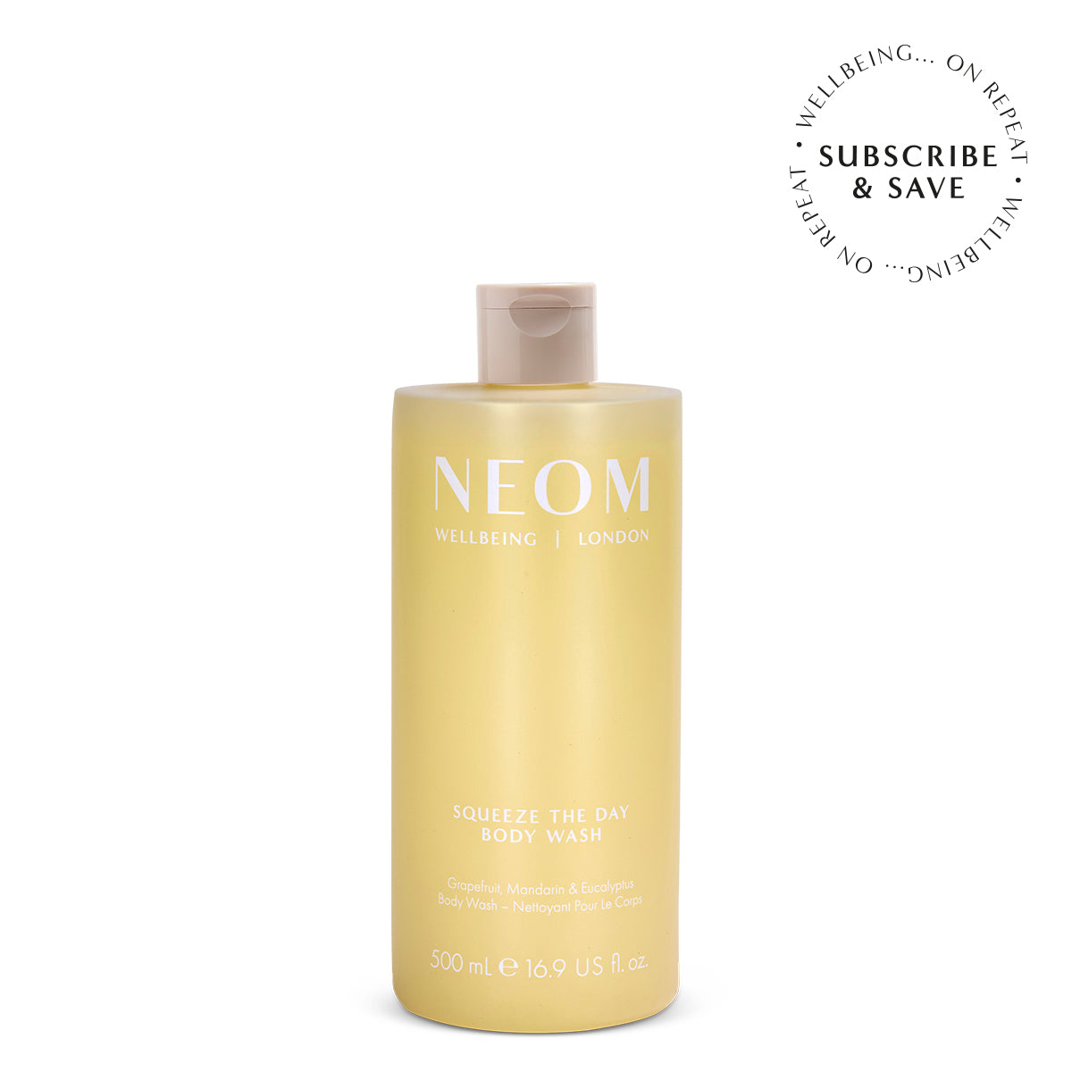 NEOM squeeze the day body wash with 'Subscribe & Save' roundel on a white  background